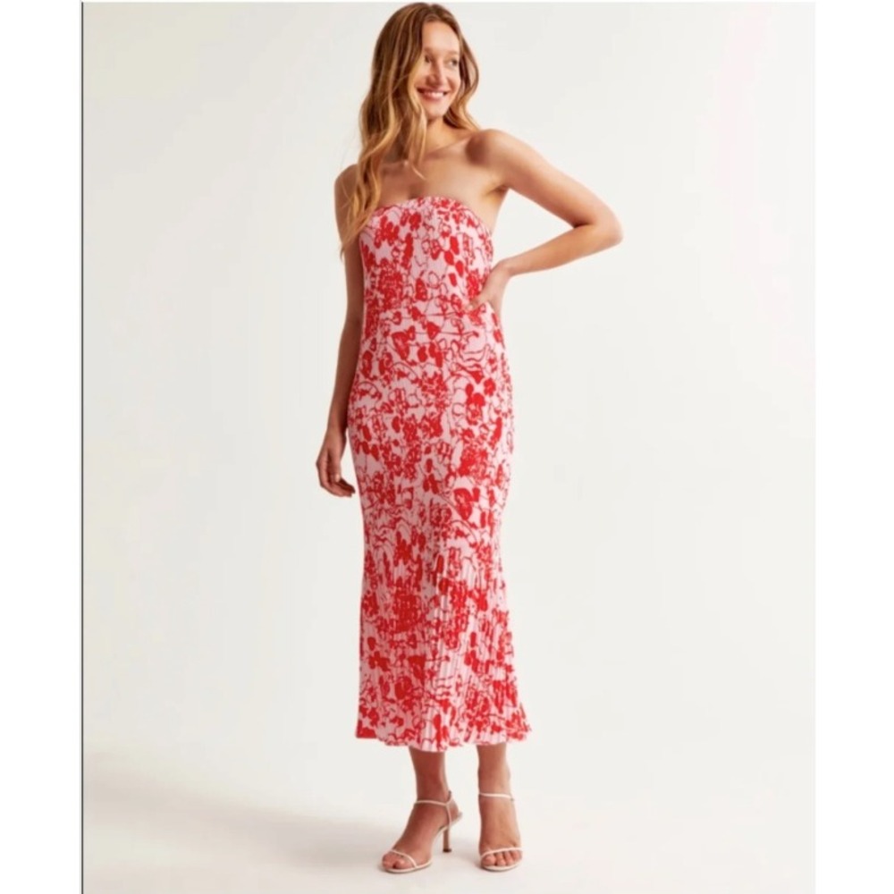 Abercrombie & Fitch Pink Red Floral Pleated Strapless Midi Dress Party Size LP